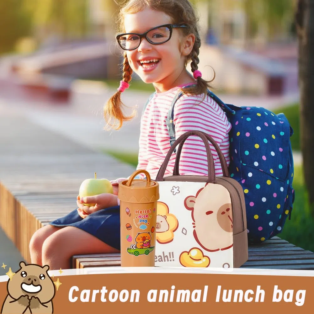 Capybara Bolsa De Almuerzo Para Niños y Fiambrera Para Niños Con Botella,Animales De Dibujos Animados Lunch Bag Reutilizable Con Aislamiento Para Viajes Picnic Escuela