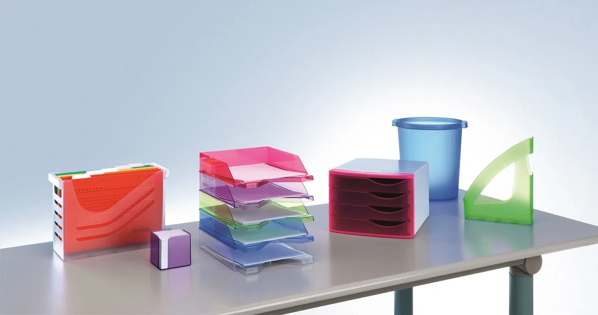 Djois, Silky Touch 2658026000 – Caja para Carpetas Colgantes A4 Transparente con 5 Carpetas Euroflex Incluidas, Capacidad para 15 Carpetas, Organizador de Archivos