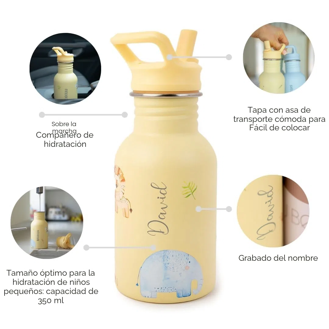 Botella personalizada con pajita para niños J.Børn 350 ml | Diseños pintados a mano | Botella de acero inoxidable apta para uso alimentario para niños | Botella de agua ligera para el colegio