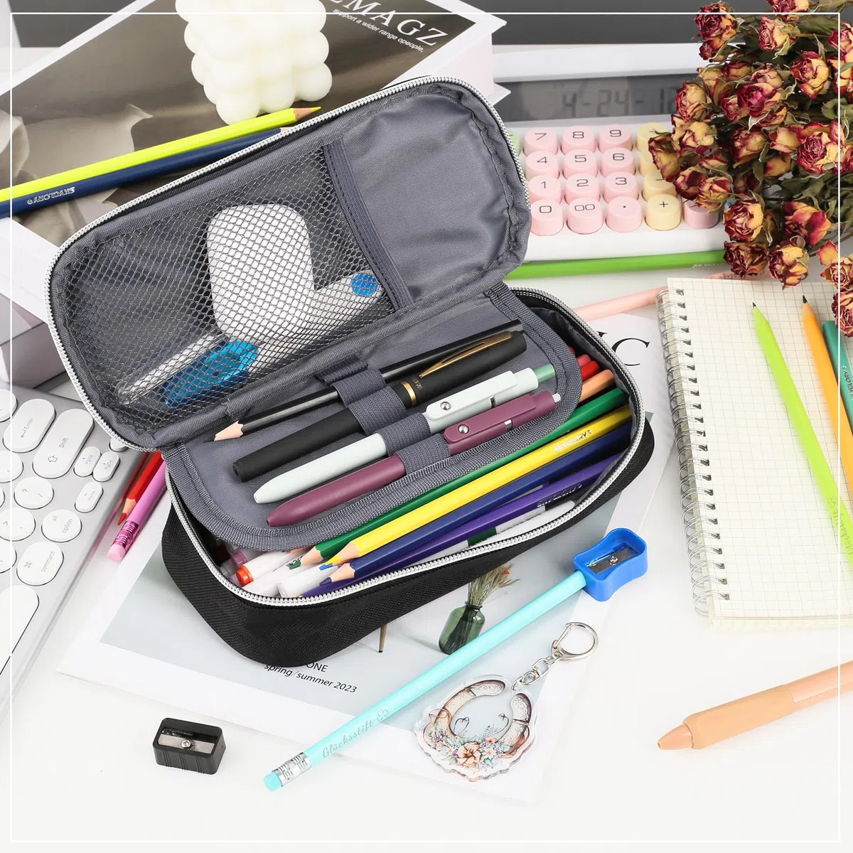 Estuche para lápices, estuche de gran capacidad, estuche para niños con llavero, estuche escolar para escuela, niños, niñas, carbón, Caballo