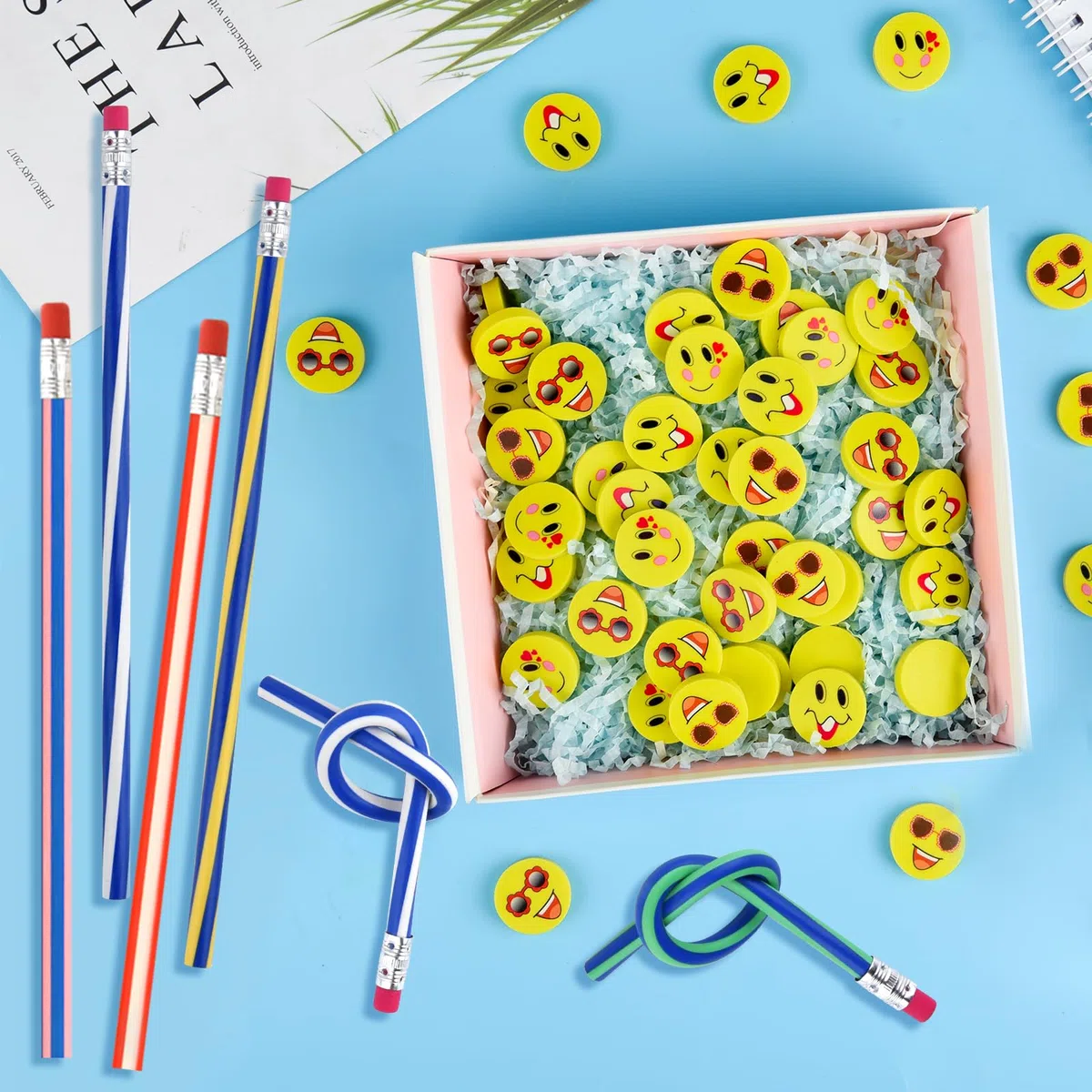 Set de 96 piezas para rellenar bolsas de fiesta, lápices y gomas de borrar suaves y flexibles, material escolar divertido, artículos de papelería para fiestas