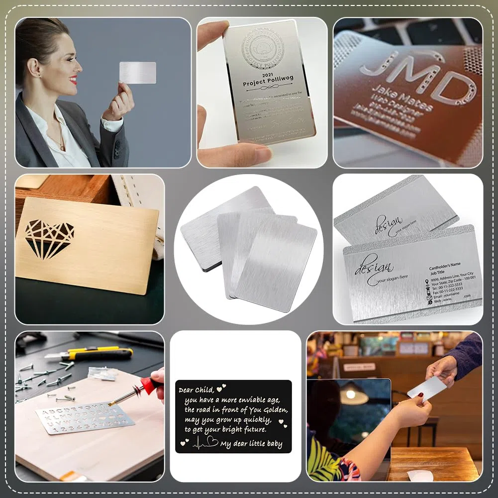 NBEADS 10 tarjetas de visita de metal, tarjetas metálicas grabadas tarjetas de visita de acero inoxidable de 1 mm para tarjetas de regalo para clientes de oficina, 8,6 x 5,4 cm