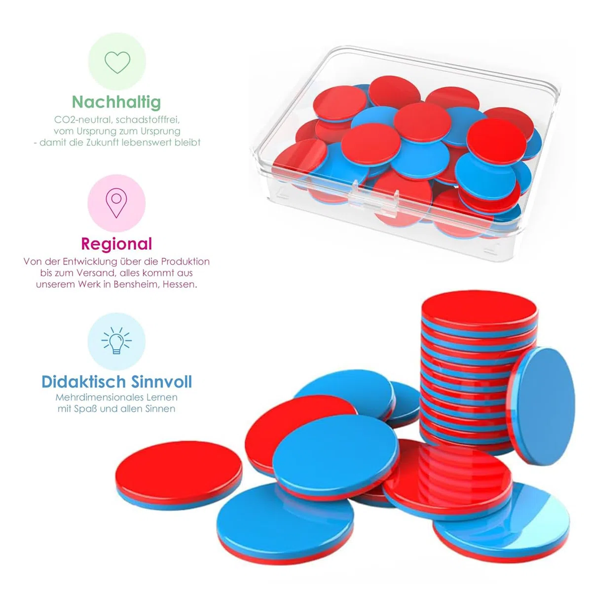 100 placas reversibles de color rojo y azul, con cajas de plástico, ayuda de cálculo de 1 clase, ayuda para matemáticas, fichas reversibles para manos de niños, escuela primaria, tareas de cálculo