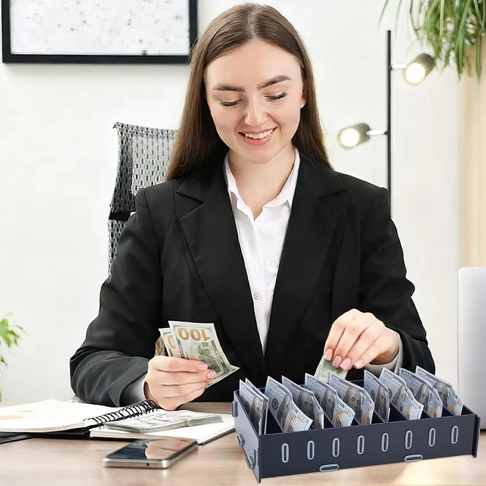 UNICRAFTALE Organizador de billetes con 8 compartimentos para dinero en efectivo, acceso rápido, caja de dinero, caja de dinero de plástico negro, organizador de billetes modular para el hogar, la
