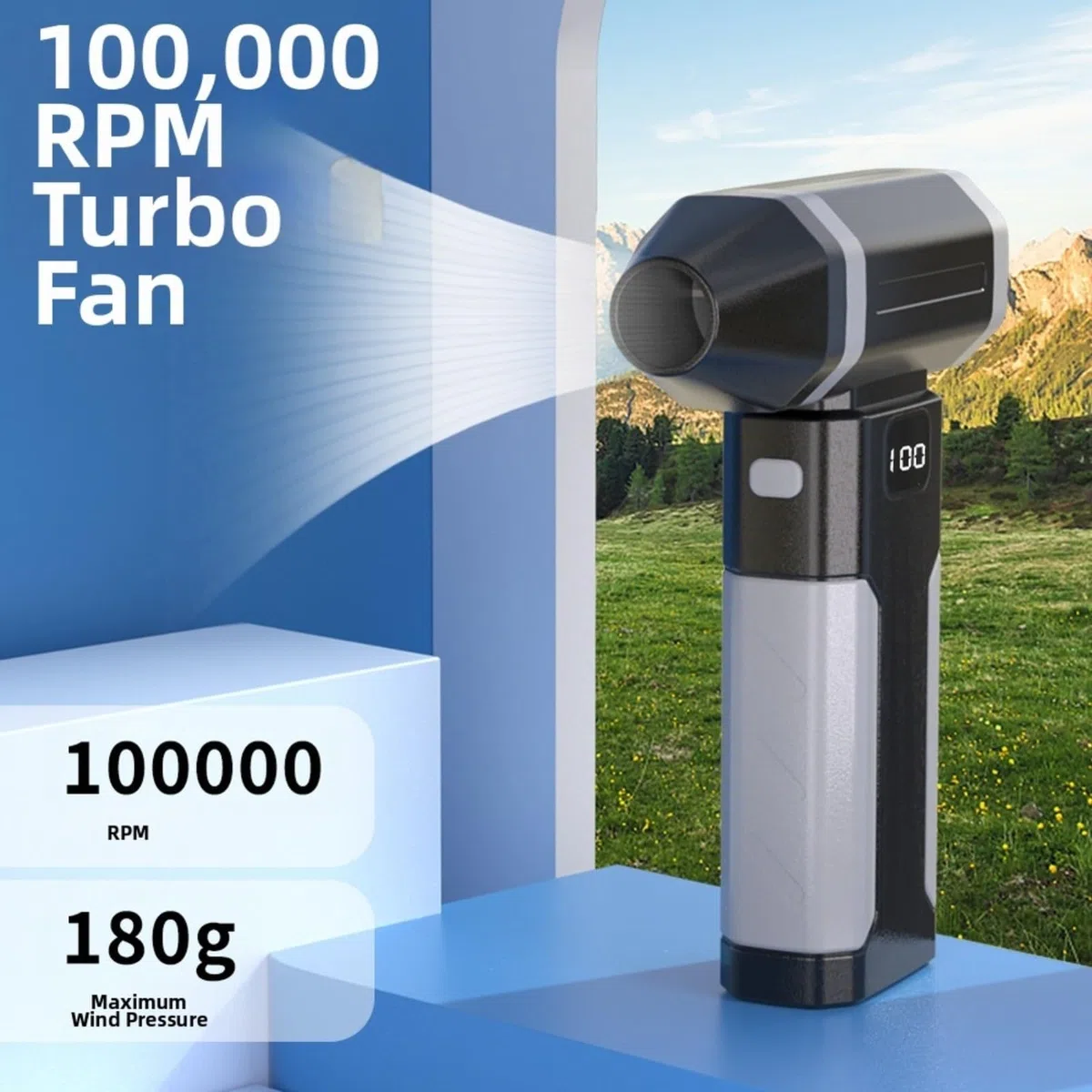 Ventilador de turbina portátil de alta velocidad con ajustes ajustables de 5 velocidades y modo turbo, batería recargable de 6000 mAh para 3-6 horas de uso, luz LED integrada (negro)