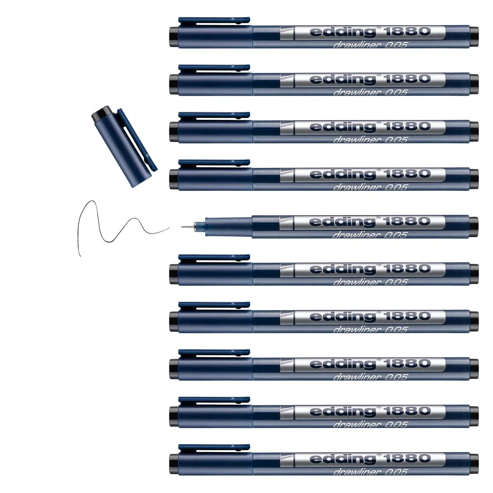 edding 1880 rotulador calibrado - negro - x10 - ancho de línea 0,2 mm - para escritura precisa, esbozos y dibujo técnico - punta fina con soporte metálico, adecuado para usar con reglas y plantillas