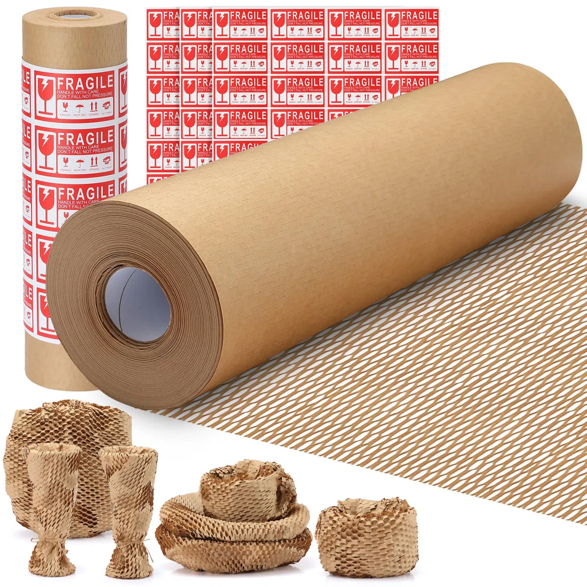 Papel de embalaje de panal de 38 cm x 30 m, rollo de papel acolchado de burbujas para mudanza/envío/embalaje con 80 adhesivos frágiles, protección ecológica y reciclable (38 cm x 30 m)