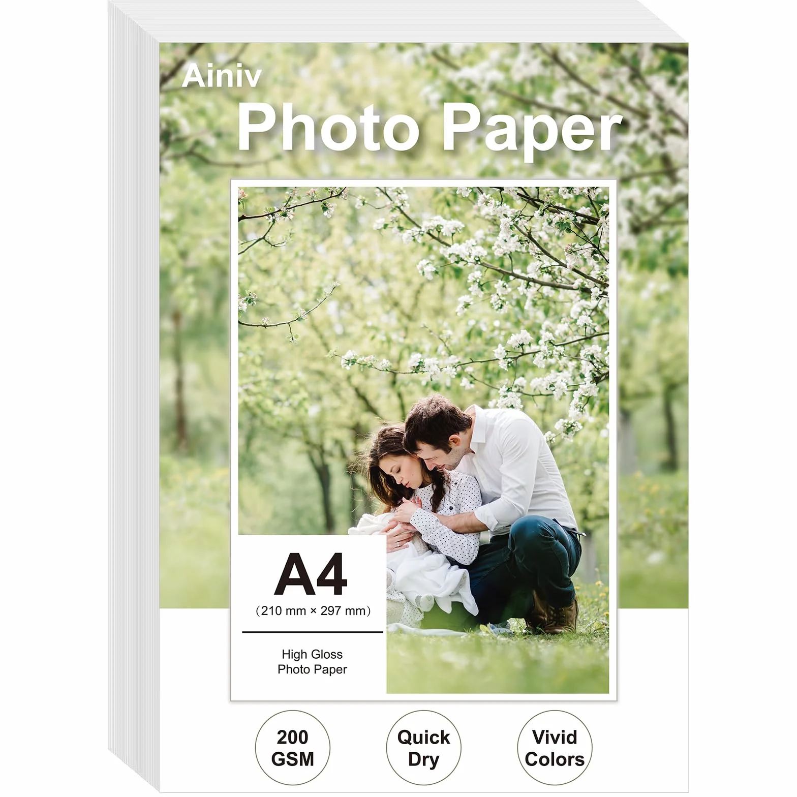 Ainiv Papel Fotografico A4, 100 Hojas, 200 g/m² Papel Fotográfico Brillante Secado Rápido, Resistente Al Agua y A Las Manchas Compatible con HP Canon Epson Impresoras de Inyección de Tinta