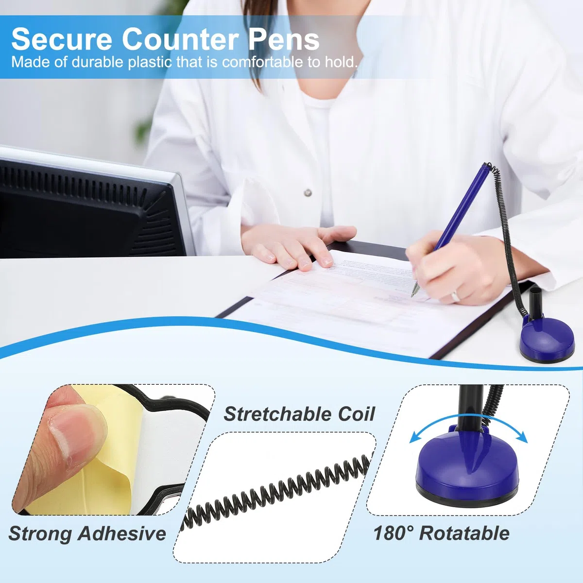 PATIKIL 4 Pcs Bolígrafo Seguro Con Cadena Adhesiva Y Soporte Para Bolígrafo De Seguridad, Bolígrafos De Recepción Para Escritorio Recambios De Tinta Negra, Azul Oscuro