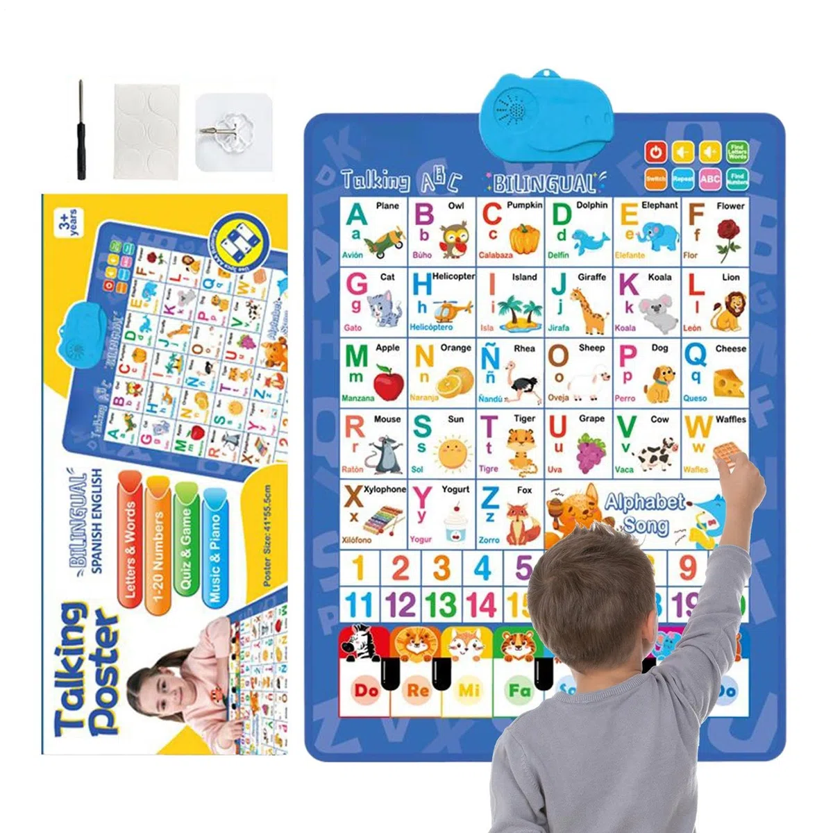 Cuadro de Alfabeto para Pared - Interactivo bilingüe | Póster Mural del Alfabeto con música en español e inglés para Edades 3-8 Aula guardería en casa guardería Sala de Juegos