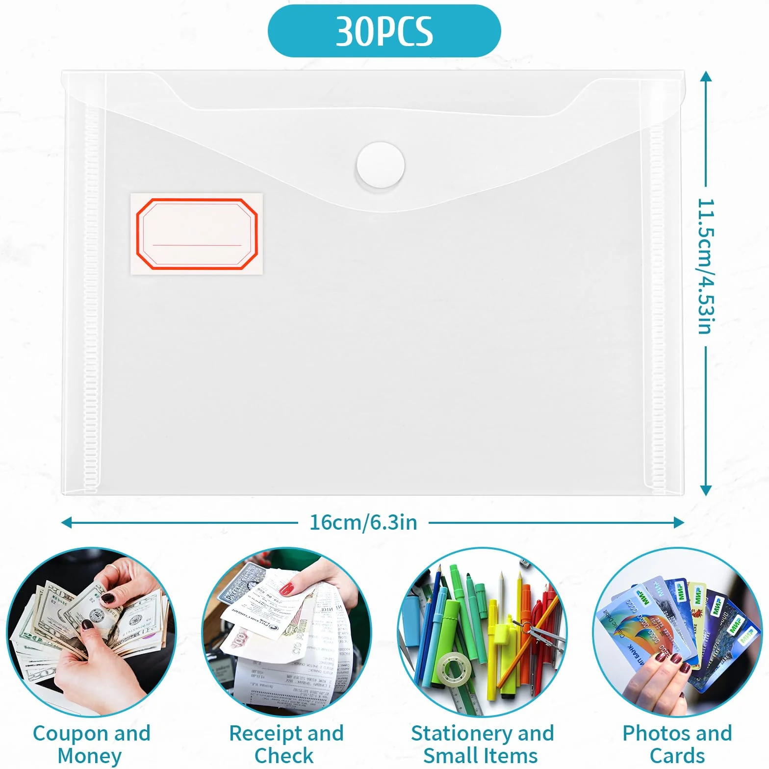 30 bolsas de plástico transparente tamaño A4, 16 x 11,5 cm, impermeables, con bolsillo para etiqueta y botón a presión, para el hogar, la oficina y la escuela
