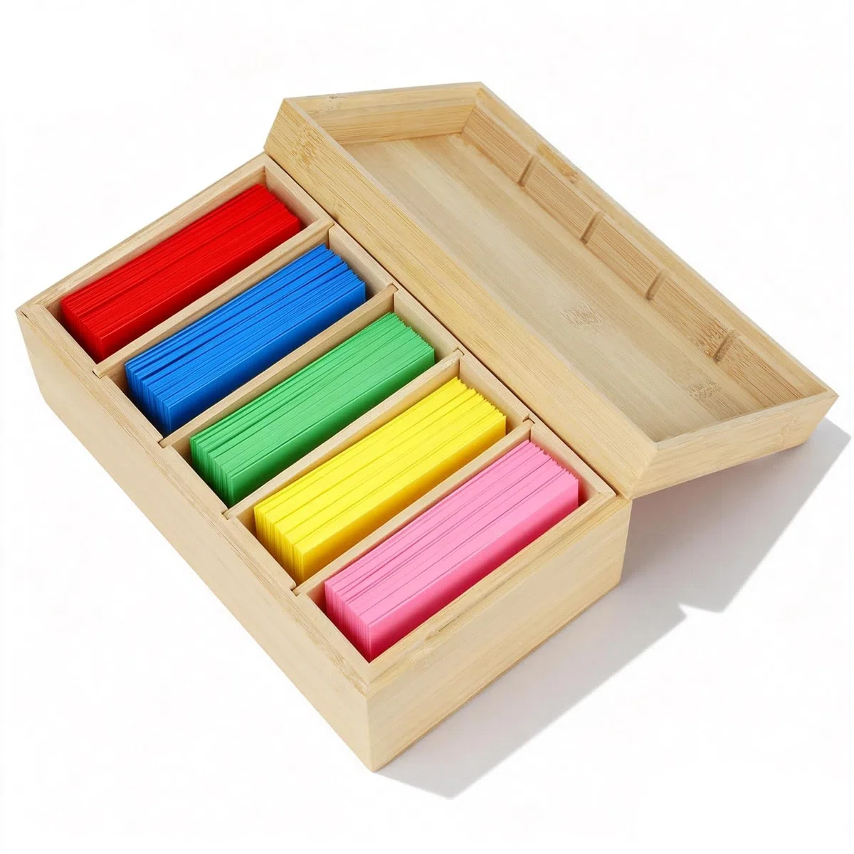 A7 Caja para Tarjetas Maderas, 22x12,6x9cm Caja Vocabulario Maderas con Tapa Organizador de Tarjeta con 4 Tabiques Ajustables Box de Tarjeta Aprendizaje para Oficina, Escuela (Tarjetas no Incluida)