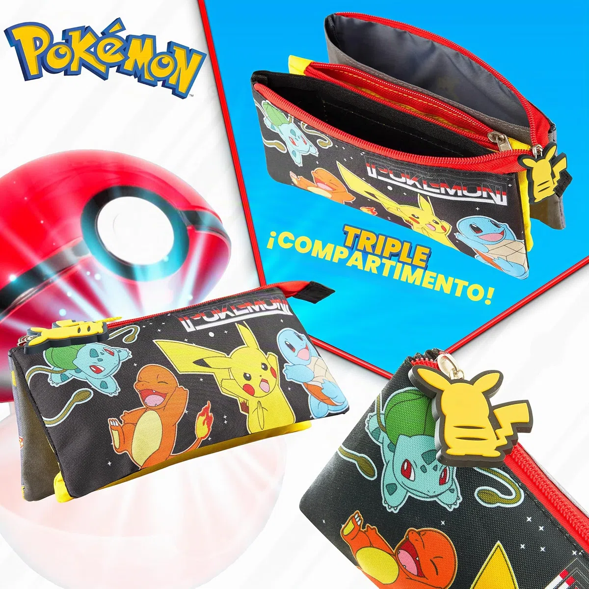 Pokémon Estuche Escolar 3 Compartimentos para Niños Pikachu