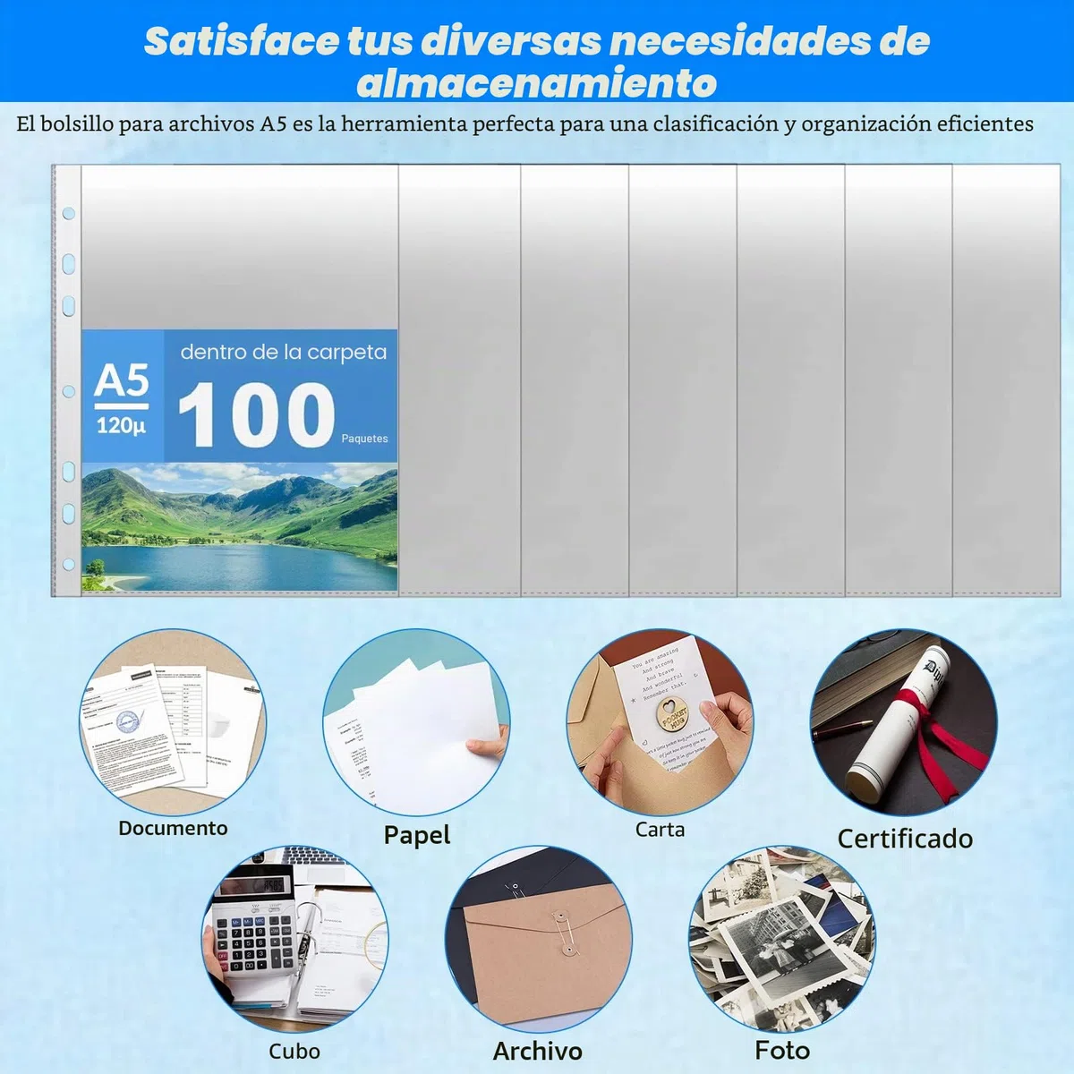 Fundas Plástico A5 Transparente Perforada, 100 Unidades, Multitaladro, 120 µ Para Folios, Proteger Papel, Archivos y Documentos