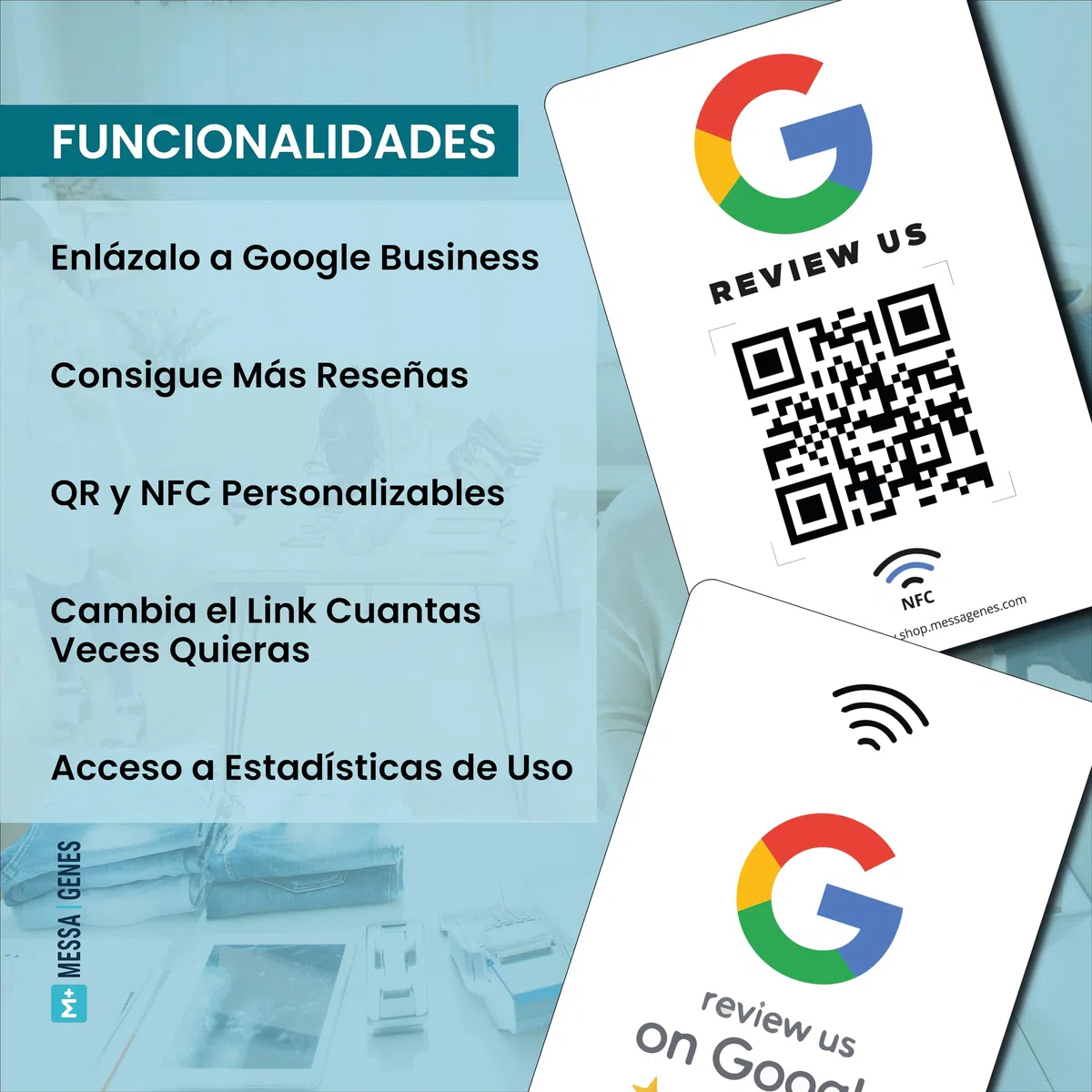 MESSAGENES - Tarjeta PVC con NFC y QR | Tarjeta para Conseguir Reseñas | Compatible con Google Business | 1 Unidad | QR Dinámico Editable | Analíticas de Escaneo | Sirve para iPhone y Android