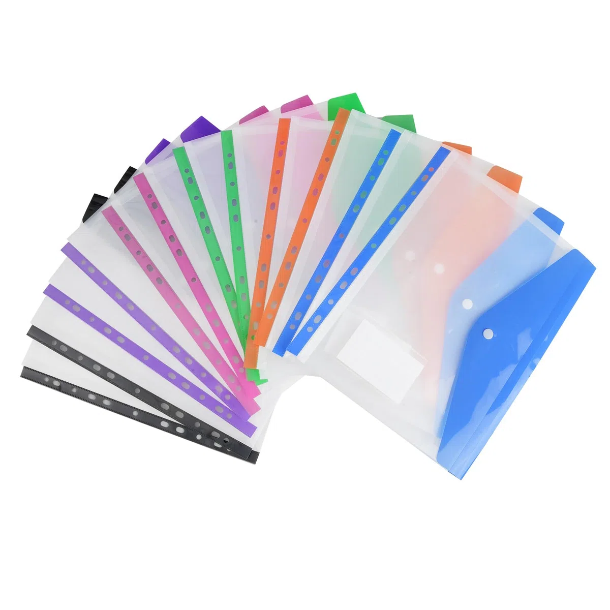 Elalove 12 Fundas Transparentes A4 Multitaladro - Fundas de Plástico A4 con 6 Colores, Impermeables y Duraderas para Organizar Documentos en Oficina, Escuela o Hogar (24.5x31 cm)