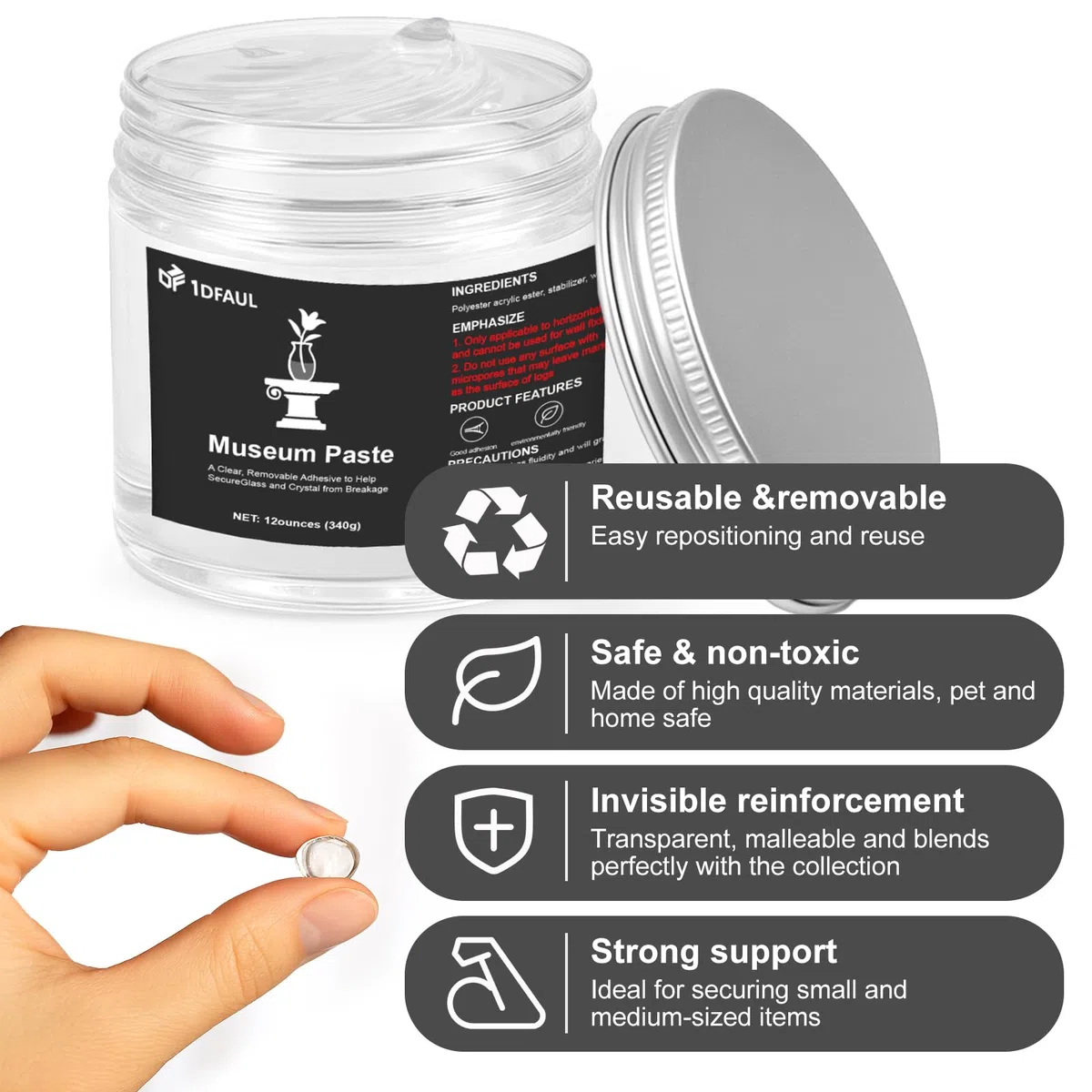 1DFAUL 12 oz Gel transparente de museo, cera de masilla de museo transparente, extraíble, reutilizable y sin residuos, colección fija artefactos y decoraciones para evitar vibraciones y caídas