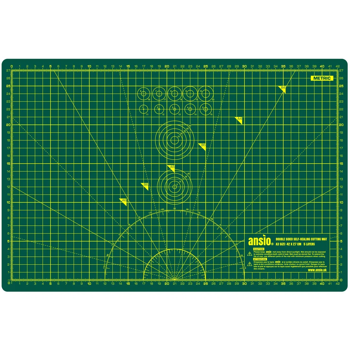 ANSIO Base De Corte A3 Doble Cara Auto Curación 5 Capas Para Costura y Manualidades - Imperial/Métrica 17 x 11 pulgadas / 42 x 27 cm- Verde/Verde