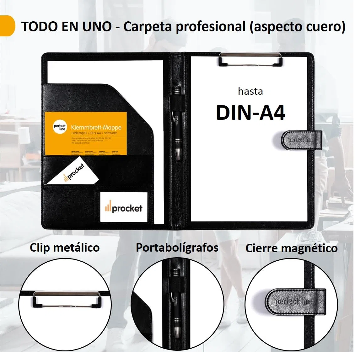 perfect line - Funda con soporte para bloque A4 de piel sintética, bolsa de documentos negra, conferenciante con cierre magnético, conferenciante con 4 compartimentos y abrazadera, ideal como agenda