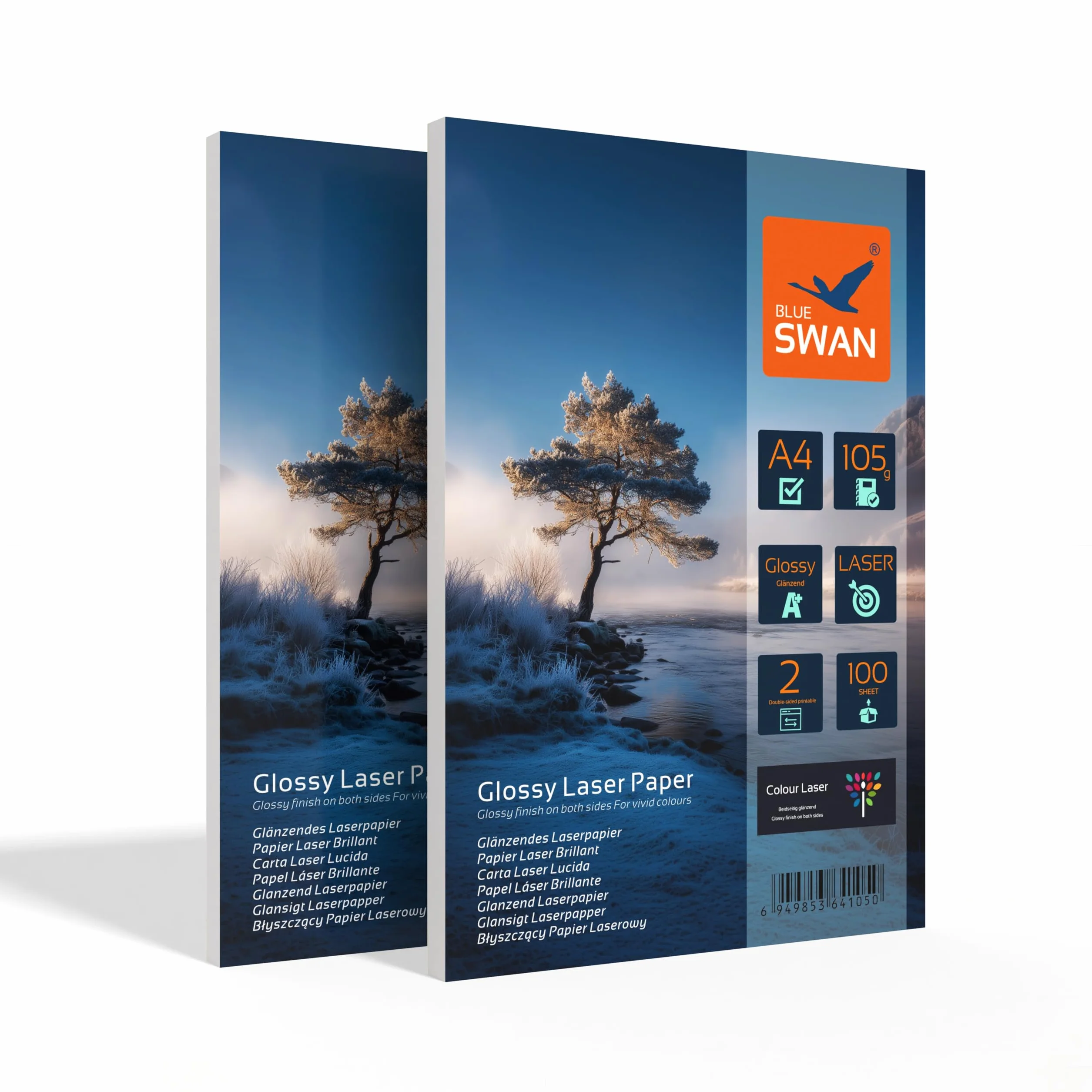 BLUE SWAN Papel láser fotográfico A4, 105 g/m², 200 hojas, brillo doble cara, papel glossy para flyers y folletos, para impresoras láser y fotocopiadoras en color