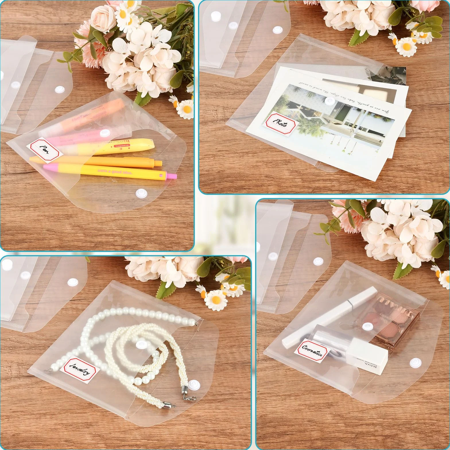 30 bolsas de plástico transparente tamaño A4, 16 x 11,5 cm, impermeables, con bolsillo para etiqueta y botón a presión, para el hogar, la oficina y la escuela