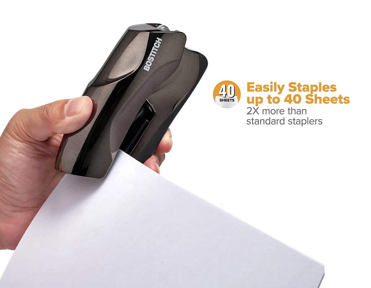 Bostitch Grapadora resistente para oficina, capacidad de 40 hojas, sin atascos, media tira, cabe en la palma de tu mano, para aula, oficina o escritorio, color negro cromado
