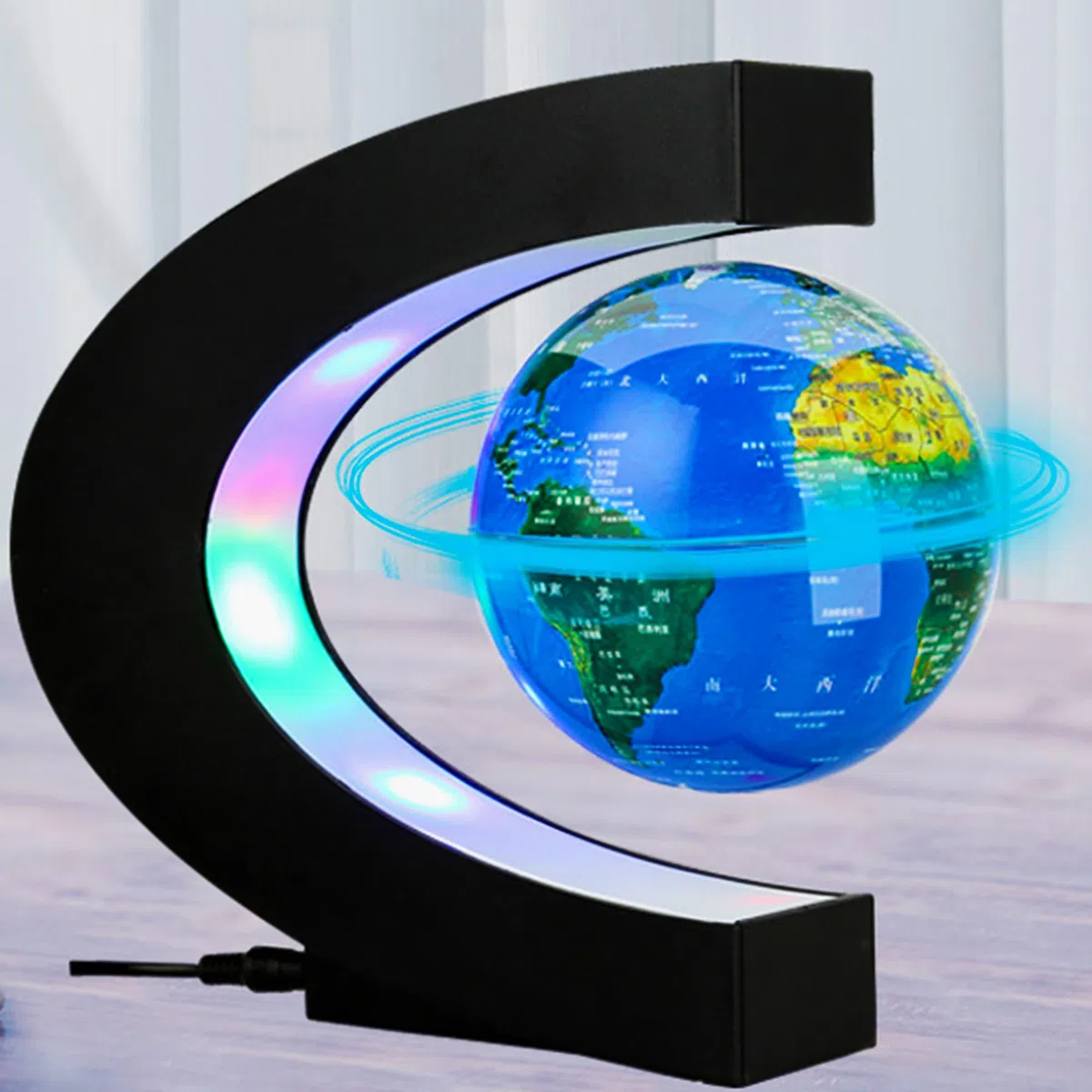Globo flotante magnético con luces LED, forma de C, globo flotante magnético con mapa del mundo, mapa del mundo giratorio para escritorio, decoración del hogar, oficina