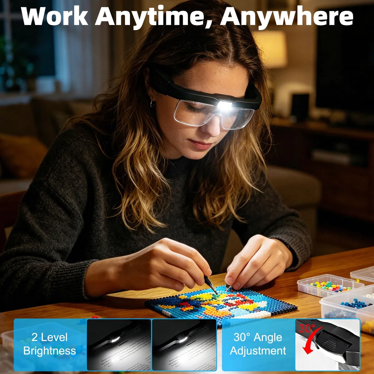 Gafas Lupa con luz led para Manualidades, Lupa de Diadema con luz LED, con 5 Lentes y 3 Leds de Brillo Ajustable, Ideal para Diamond Painting, Pintura de Diamante, Kits Adultos y Accesorios
