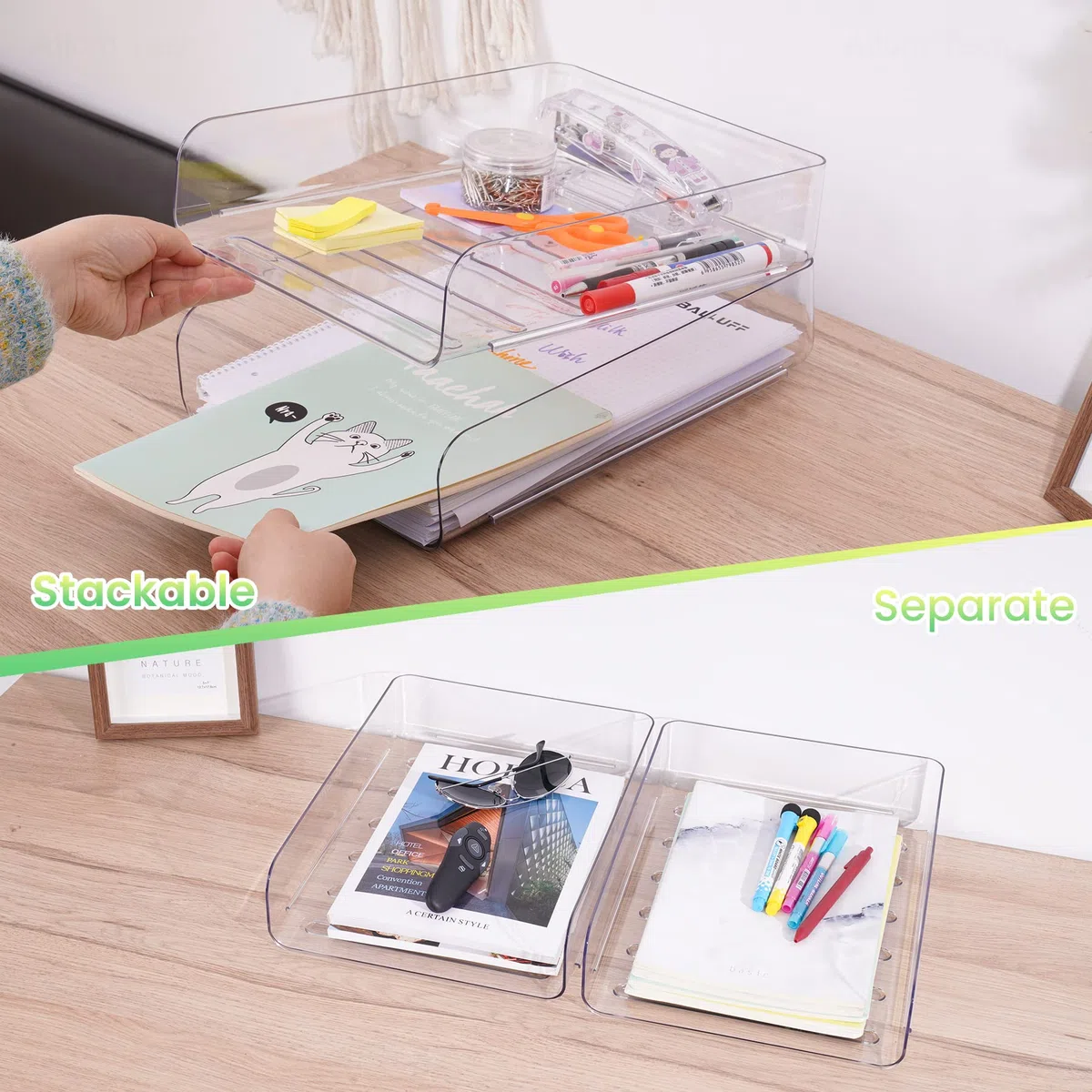 Tomorotec Set de bandejas para Carta A4, Pet Transparente, Organizador apilable para Documentos, Archivos y Libros, Carga Lateral, Base Antideslizante y Soporte de apilado Convexo (2 Retrato)