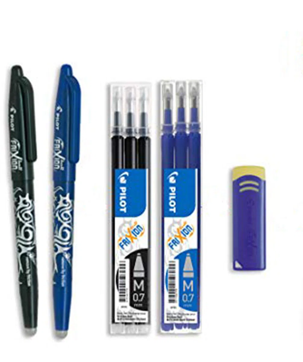 PILOT Caja de 2 FriXion Ball + 2 Set de 3 recambios + 1 goma -Bolígrafo rollerball recargable - 2 Azul, 2 Negro - Punta Media