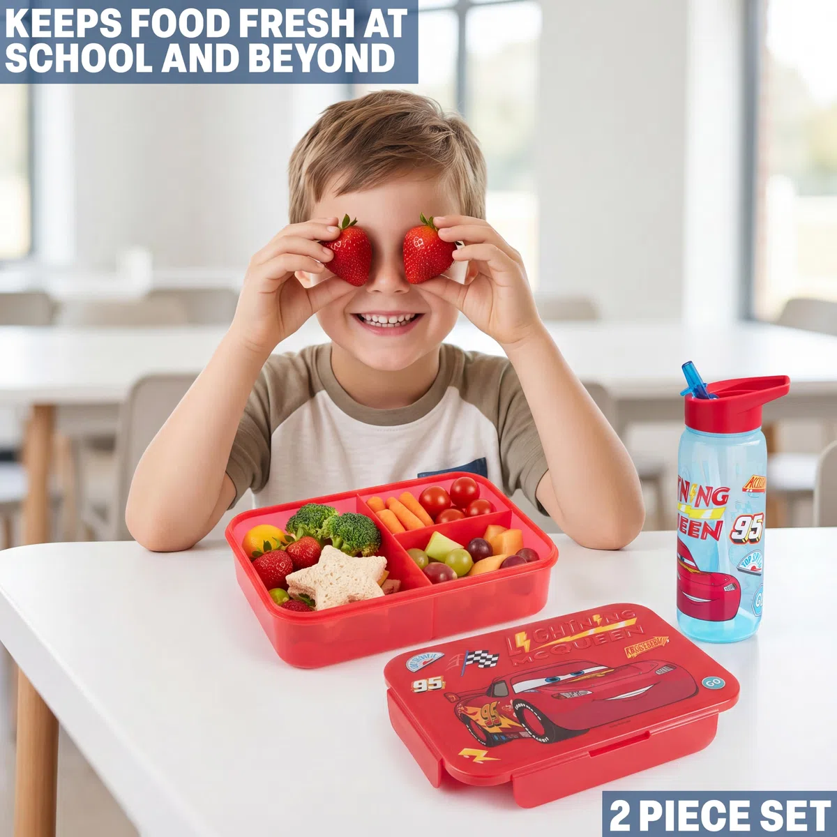 Get Trend Disney Cars Fiambrera Niños y Botella 640 ml Set, Bento Box 1,75 L con Compartimentos, Apta Lavavajillas y Microondas, Sin BPA, Lunch Box Escolar Colegio y Ocio (Multi Lightning McQueen)