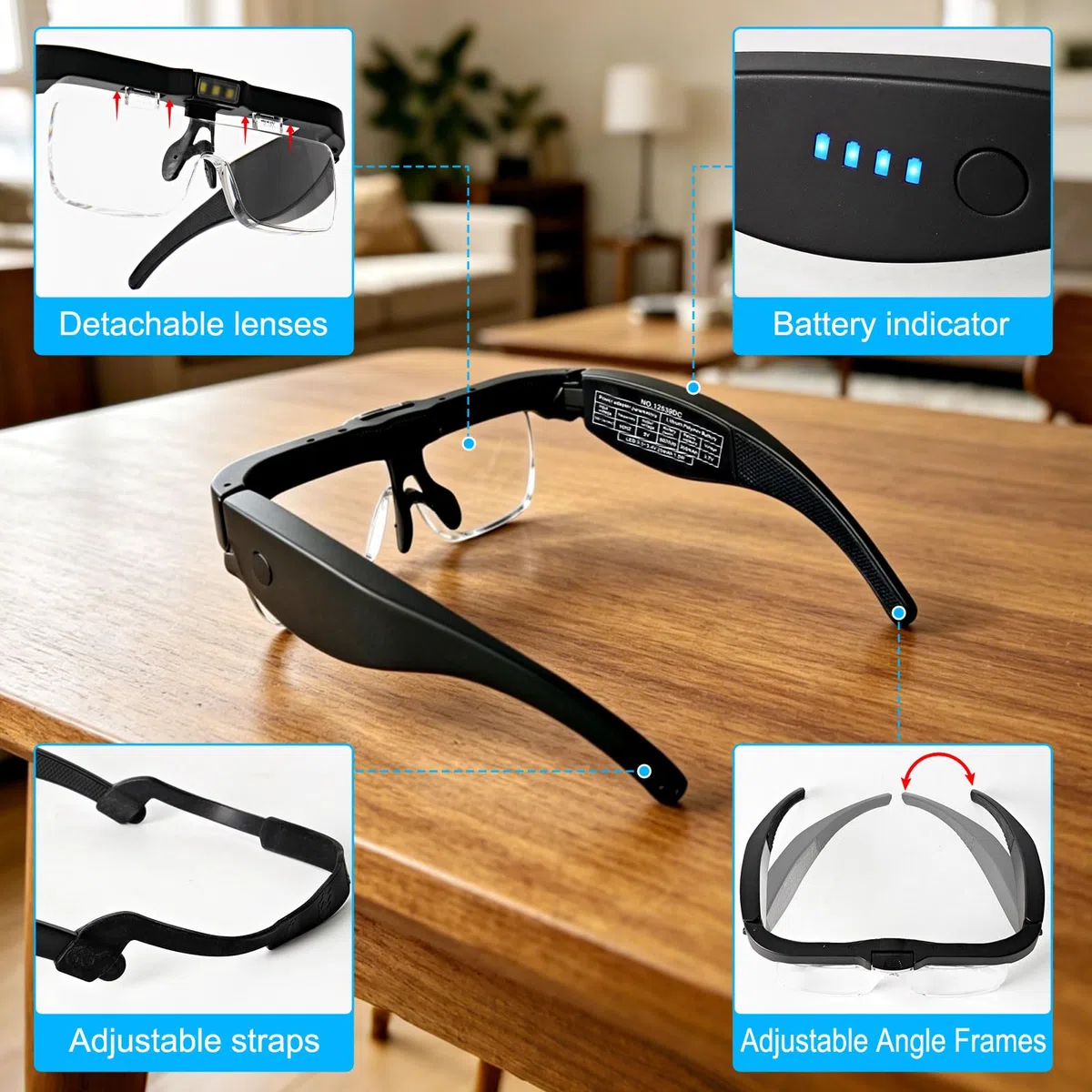 Gafas Lupa con luz led para Manualidades, Lupa de Diadema con luz LED, con 5 Lentes y 3 Leds de Brillo Ajustable, Ideal para Diamond Painting, Pintura de Diamante, Kits Adultos y Accesorios