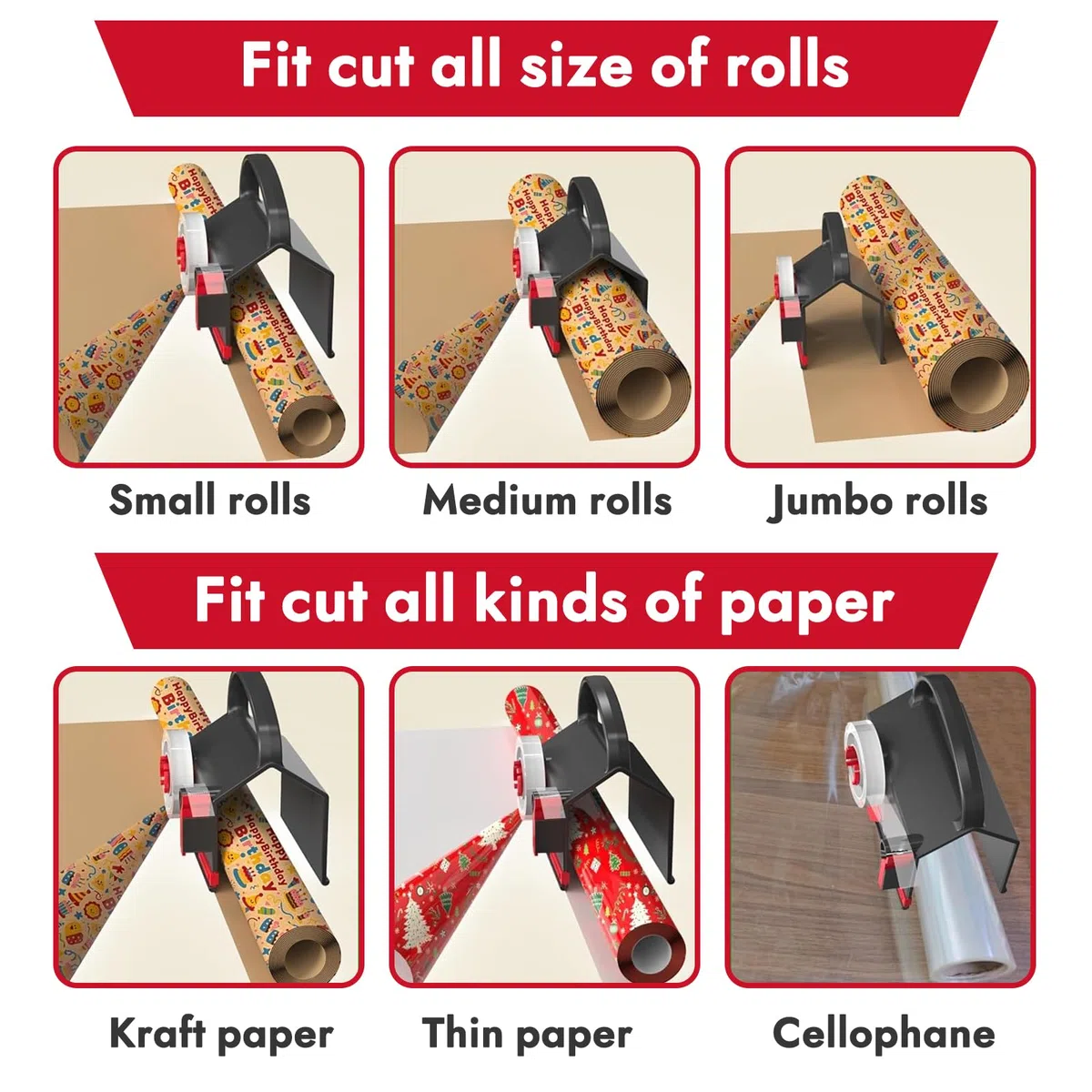 Cortador de Papel de Regalo, Cortador Papel Regalo con Asa, con 2 Cuchillas Intercambiables 4 Piezas De Cinta Adhesiva, para Navidad, Cumpleaños, Envoltura de Regalo, negro