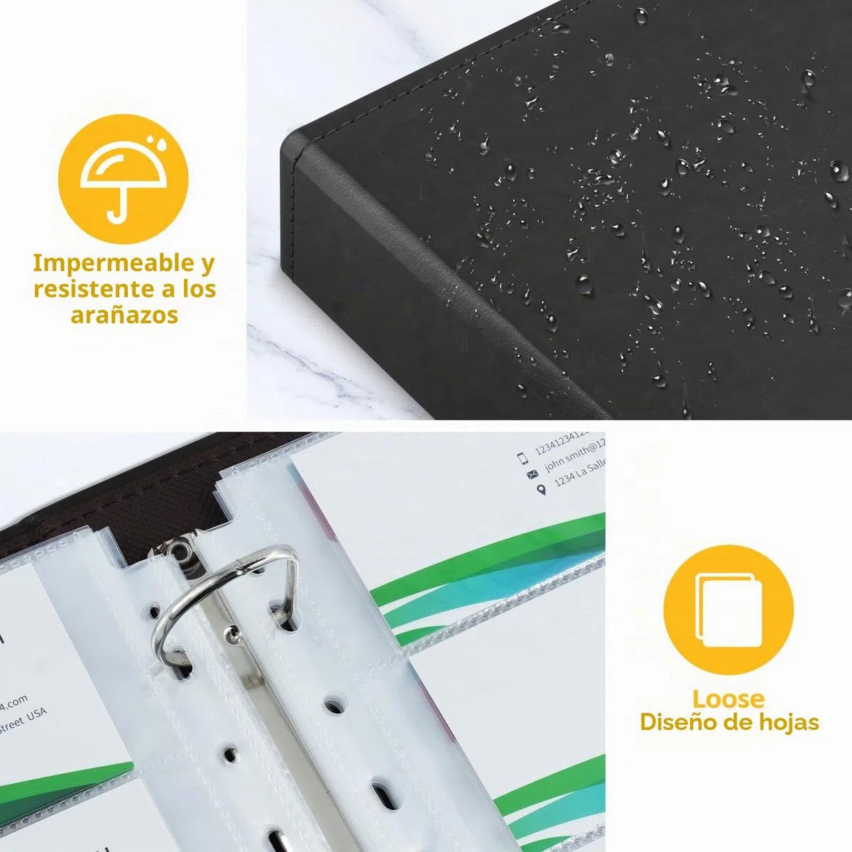 Álbum Organizador de Tarjetas de Visita 600 Unidades - 30 Páginas Recargables, Carpeta A4 Anillas, Carga Lateral, Cubierta PU Cuero Negro | Oficina