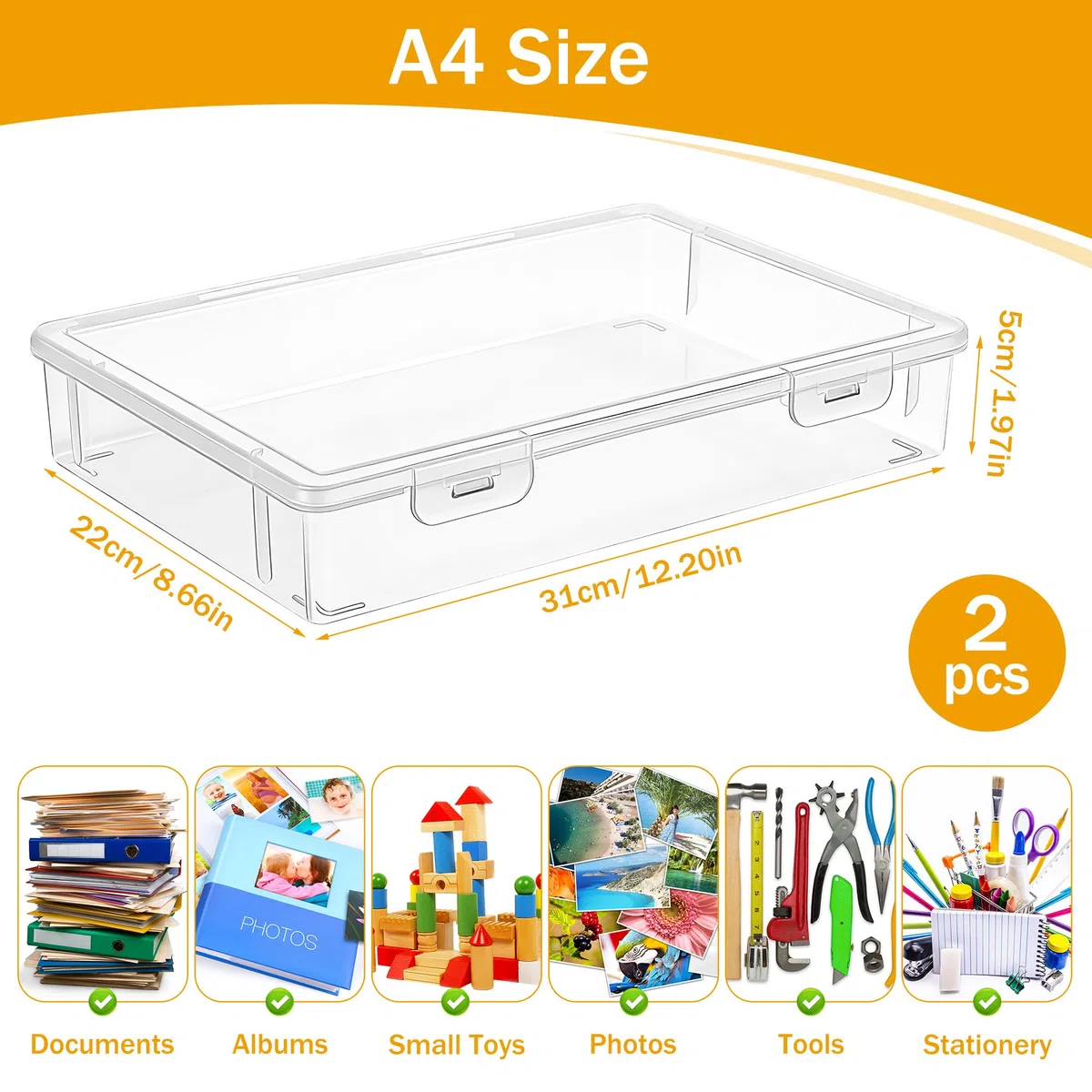 Zocipro 2Pcs Cajas Transparentes de Plástico A4, Caja Archivador Plastico Impermeable Archivos de Almacenamiento para Documentos Cartas Papel Revistas Libros (31x22x5 cm)