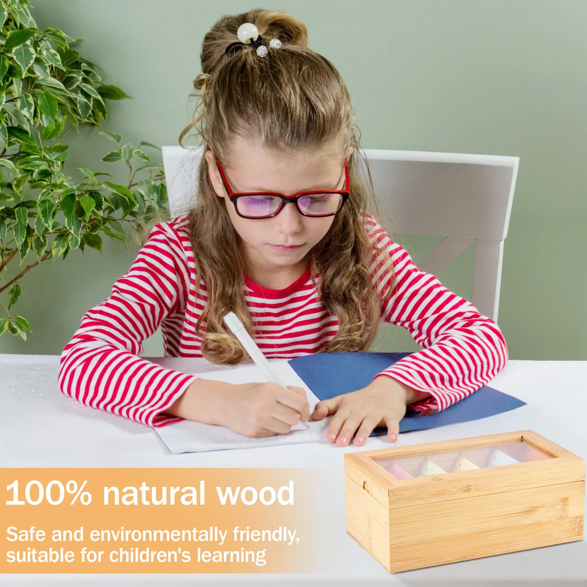 Organizador de Tarjetas de Madera con 5 Compartimentos y Tapa Transparente - Caja para Fichas A8 Extraíble (22x13x9 cm) para Oficina, Escuela, Hogar