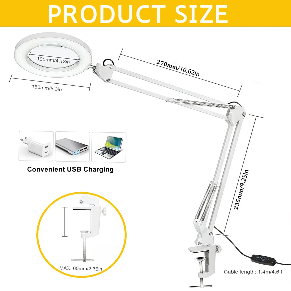 Lámpara de mesa con lupa 10X, 72 LED, 3 modos de color, 10 niveles de brillo, brazo giratorio ajustable pinza metálica, ideal para manicura, tatuaje y lectura -Blanco