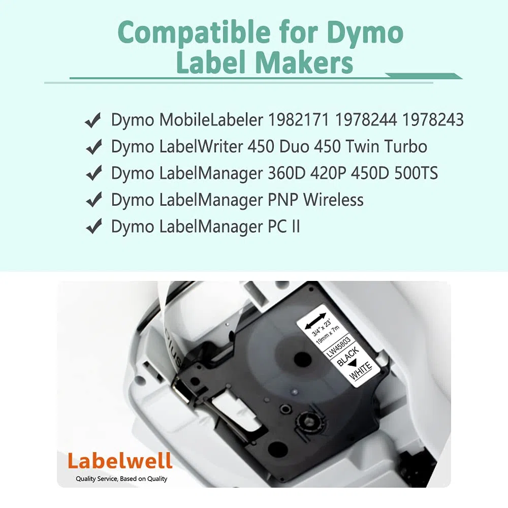 Labelwell 3x Cintas de Etiquetas Compatible para Dynmo D1 45803 S0720830 Negro sobre Blanco para 19mm x 7m Dynmo MobileLabeler Dynmo Labelwriter 450 Duo, Dynmo LabelManager 360D 420P 450D 500TS