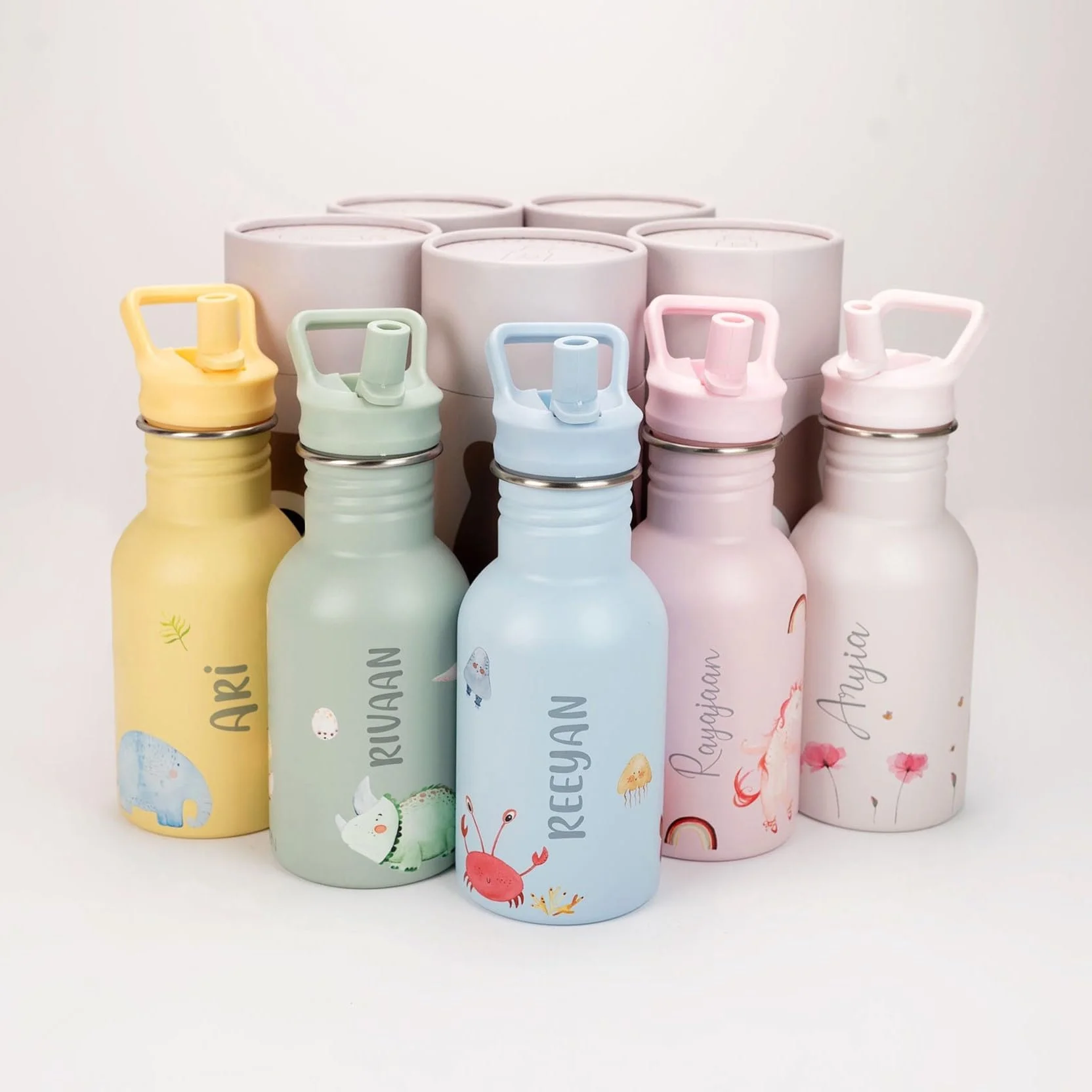 Botella personalizada con pajita para niños J.Børn 350 ml | Diseños pintados a mano | Botella de acero inoxidable apta para uso alimentario para niños | Botella de agua ligera para el colegio