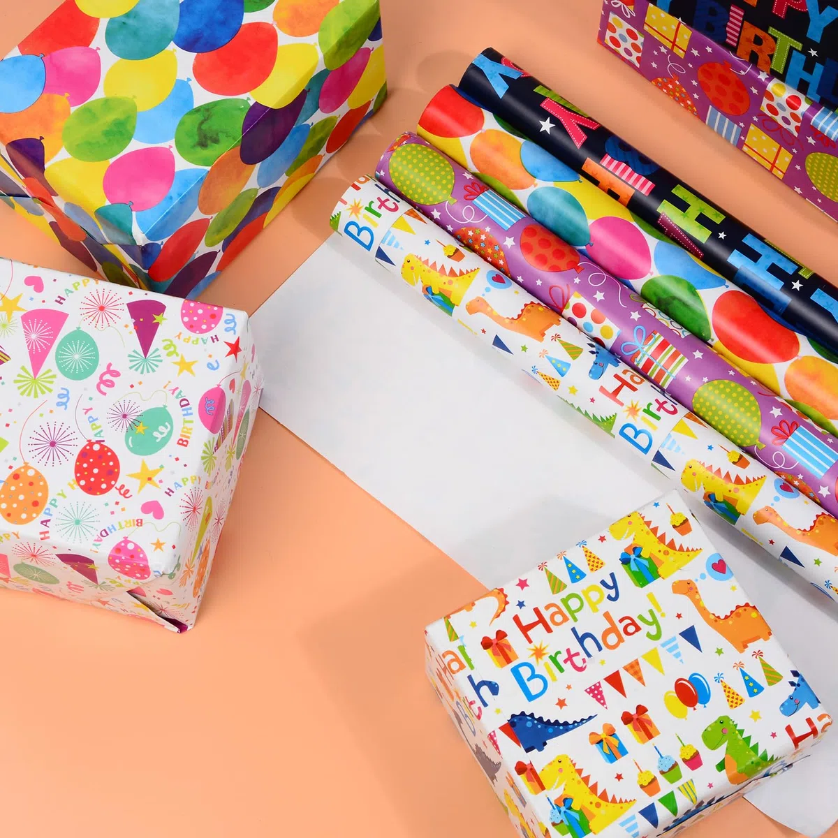CHEPULA Papel de Regalo Cumpleaños 5 Rollos, 43 cm x 300 cm Papel Regalo para Niños Adultos, Reciclable Gift Wrapping Paper para Todas las Ocasiones de Cumpleaños