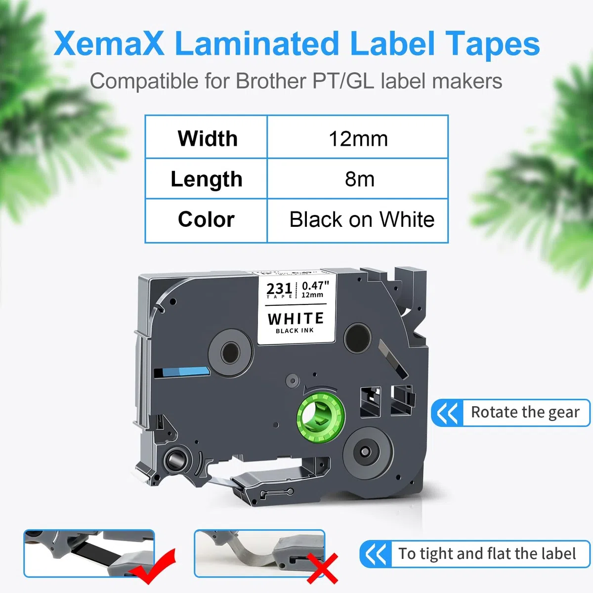6x XemaX Compatible Cinta 12mm x 8m Reemplazo para Brother PT Tze-231 Tz-231 Negro sobre Blanco Laminado Casete para PT-D210VP PT-H101C PT-1010 PT-P750W PT-H105 PT-D450 PT-D600VP PT-1100
