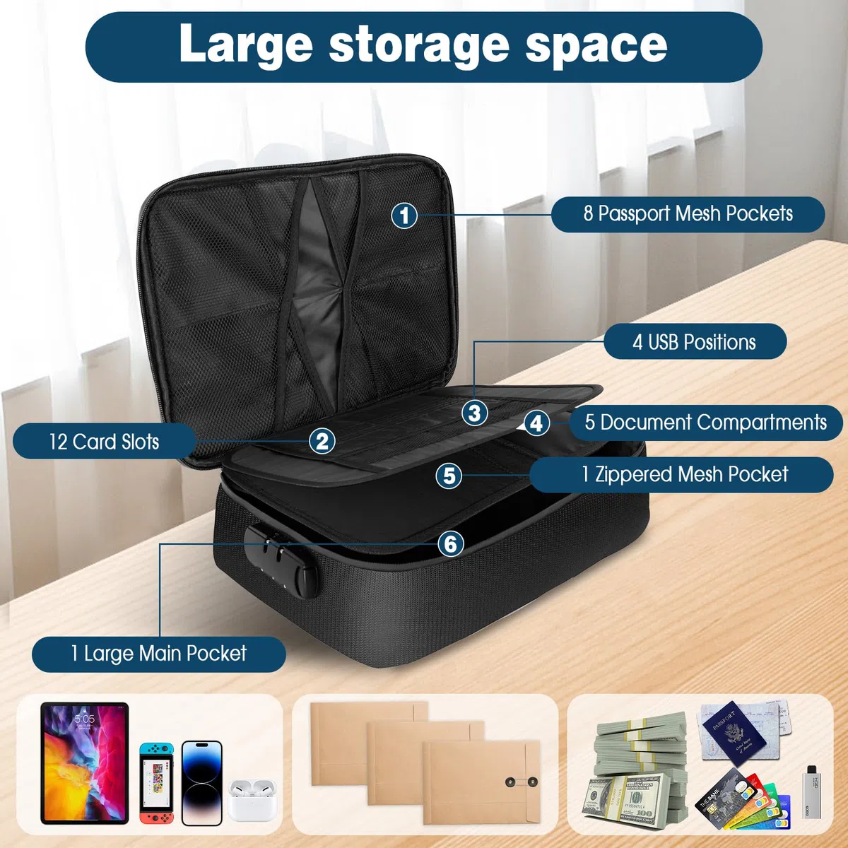 Bolsa de Documentos Ignífuga e Impermeable, Caja de Documentos Ignífuga con Cerradura y Doble Cremallera, Bolsa para Documentos de Gran Capacidad para Pasaportes y Documentos legales(36 * 27 * 10cm)