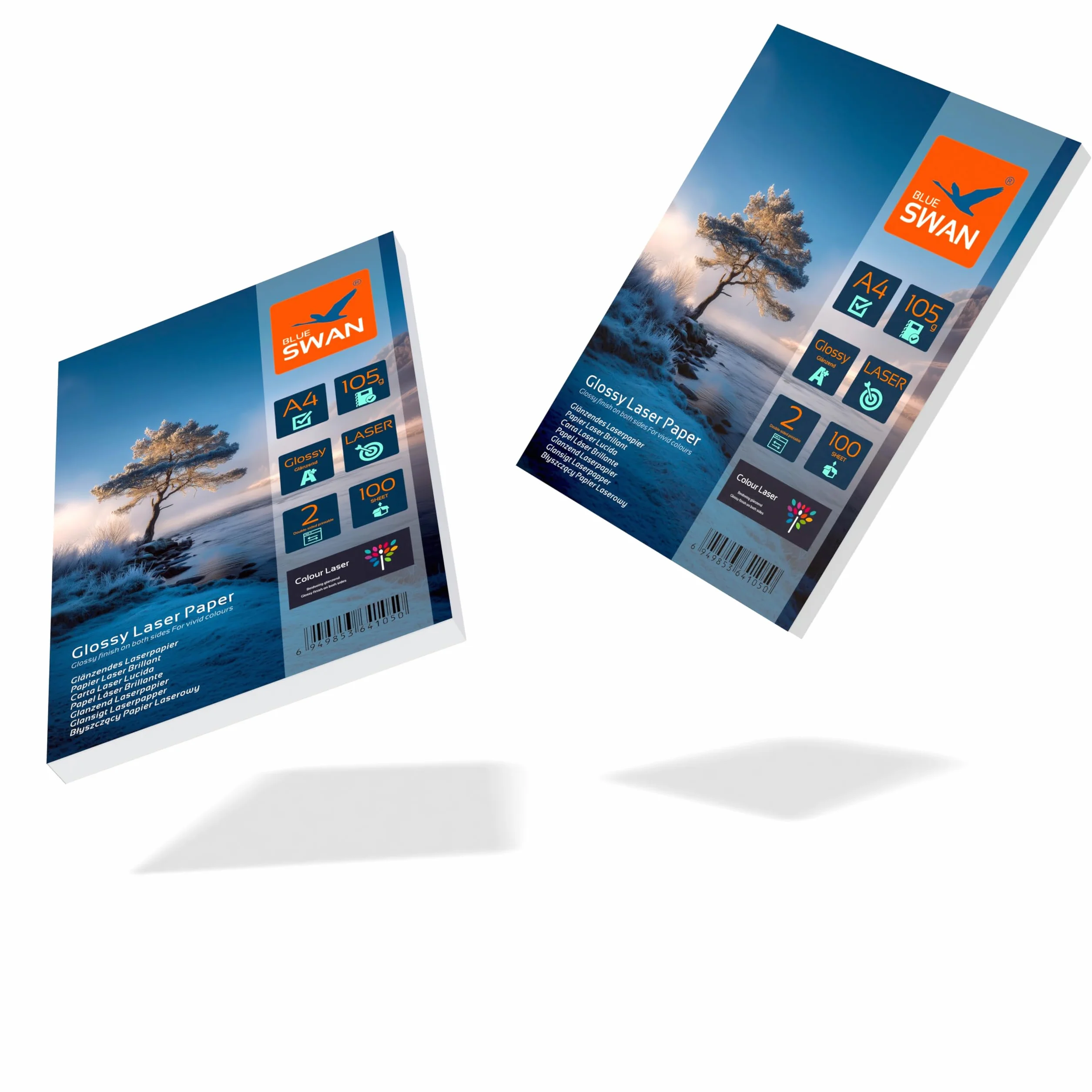 BLUE SWAN Papel láser fotográfico A4, 105 g/m², 200 hojas, brillo doble cara, papel glossy para flyers y folletos, para impresoras láser y fotocopiadoras en color