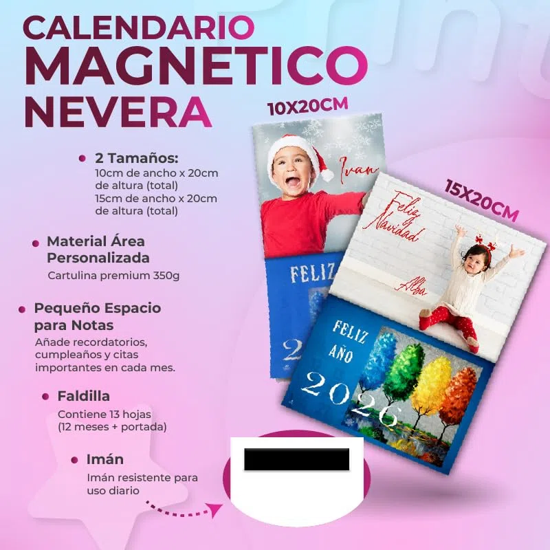 Pack 12 Uds Calendario Magnetico Nevera - Almanaques 2026 - Calendario Nevera Personalizados con Faldilla de 10x20cm y 15x20cm con Logo, Foto, Textos o Imagen - Calendarios Nevera Iman (10x20cm)
