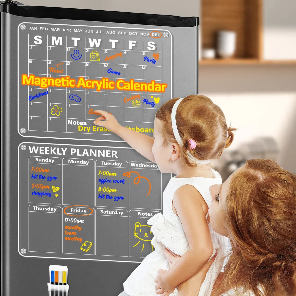 Loiion 2 Set Clear Calendario Mensual Magnético, Acrílico Magnetica Nevera Planificador Mensual, Magnético que se Puede Borrar, Planificador de Comidas Semanales, Planificador Familiar, 42 x 33cm