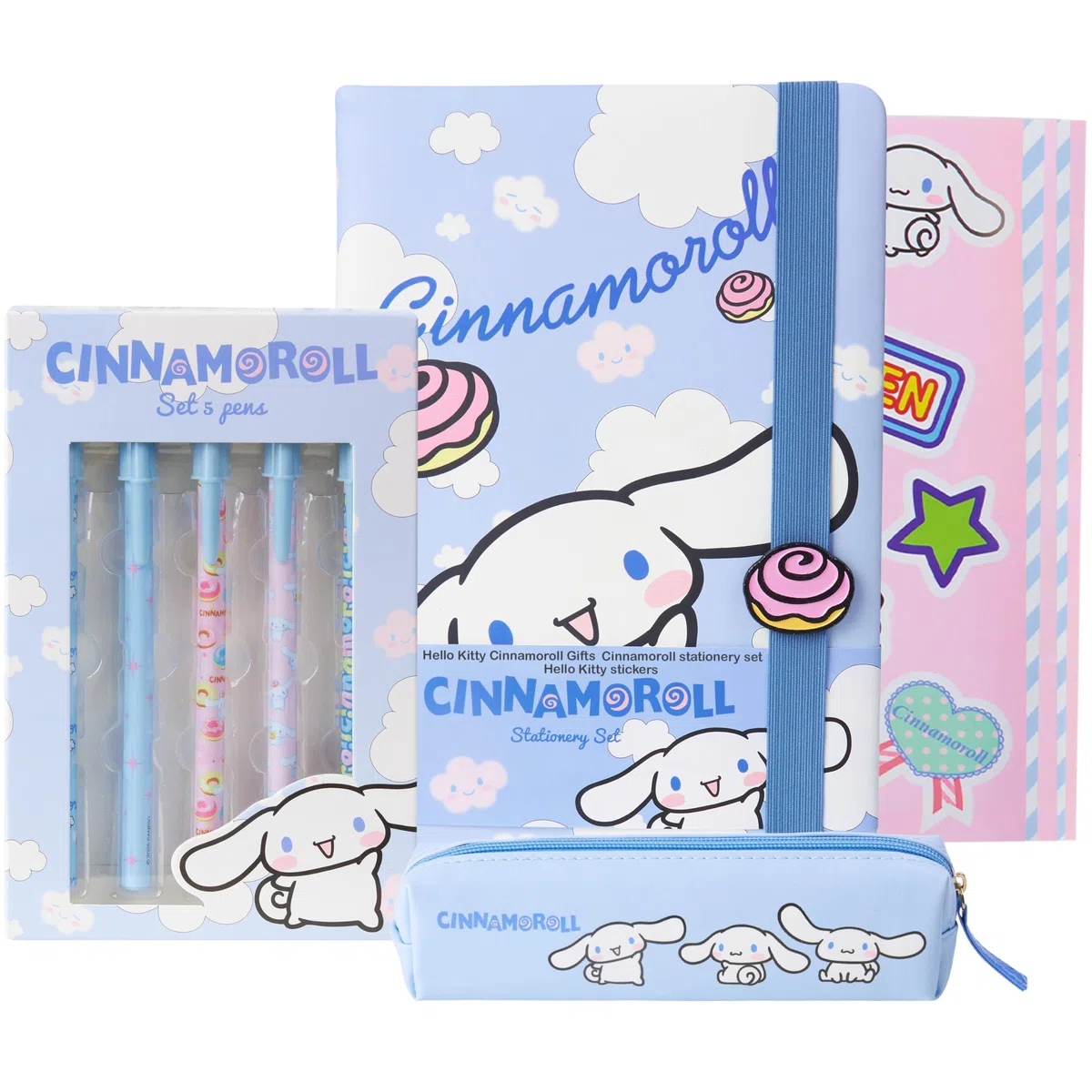 Get Trend Hello Kitty Sanrio Cinnamoroll Set Papeleria Niña Adolescente Libreta con Estuche Boligrafos Bonitos Pegatinas Kawaii Material Regalos Anime (Blue Cinnamoroll)