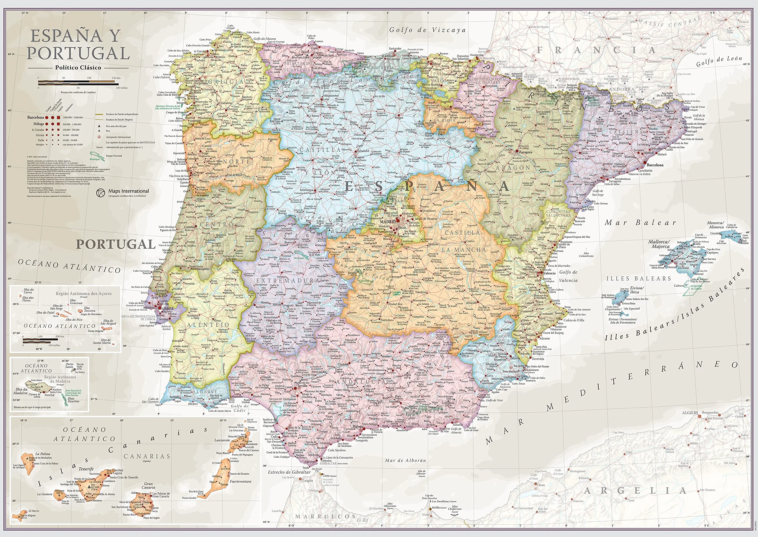 Maps International - Mapa España y Portugal, póster clásico con el mapa España, plastificado – 59,4 x 42 cm – Colores clásicos