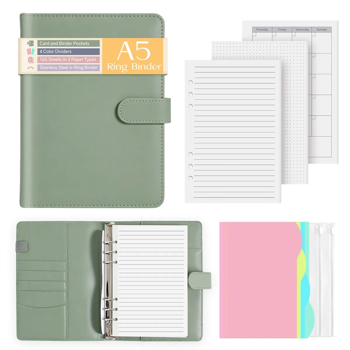 Cuaderno A5 de Anillas Recargable, 165 Hojas, Agenda de Cuero PU con Separadores, Bolsillos con Cremallera y Ranuras para Tarjetas, Organizador A5 para Escuela, Oficina, Viaje