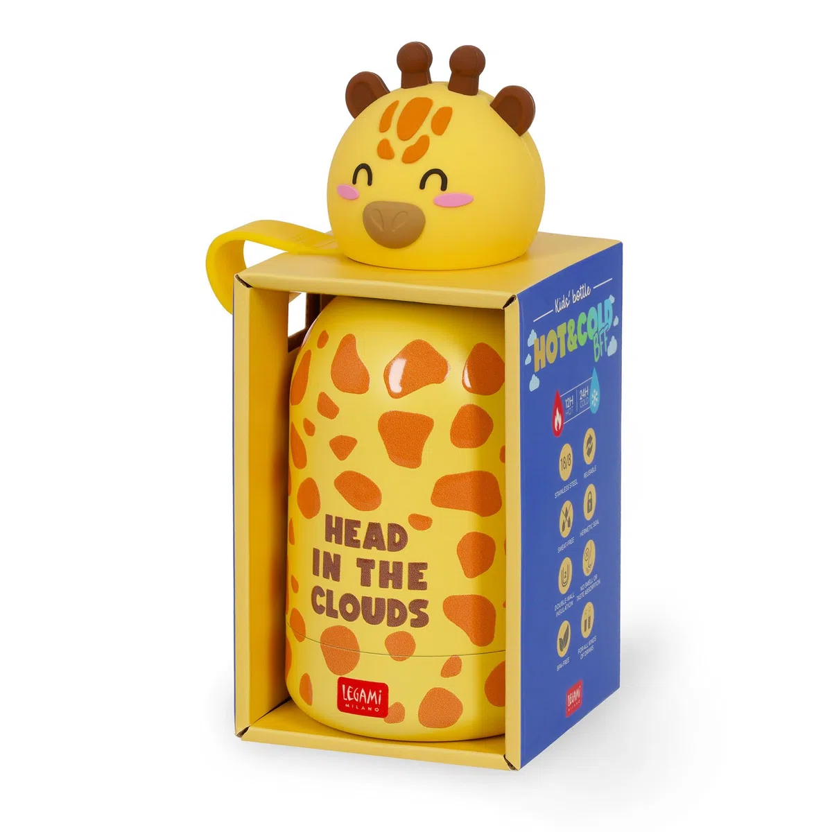 Legami - Botella de agua para niños Hot&Cold BFF, Giraffe, doble capa de acero inoxidable 18/8 con cierre hermético, se mantiene caliente durante 12 h y fría durante 24 h, capacidad 310 ml