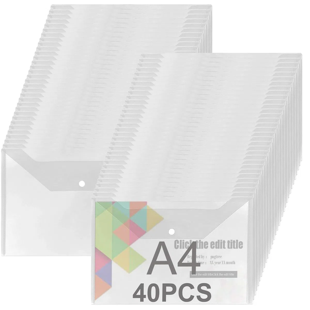 ASelected Pack de 40 Fundas Documentos A4 Transparentes con Broche, Sobres Plástico A4 para Oficina y Escuela, Carpeta Documentos Transparente para Clasificar Hojas y Copias